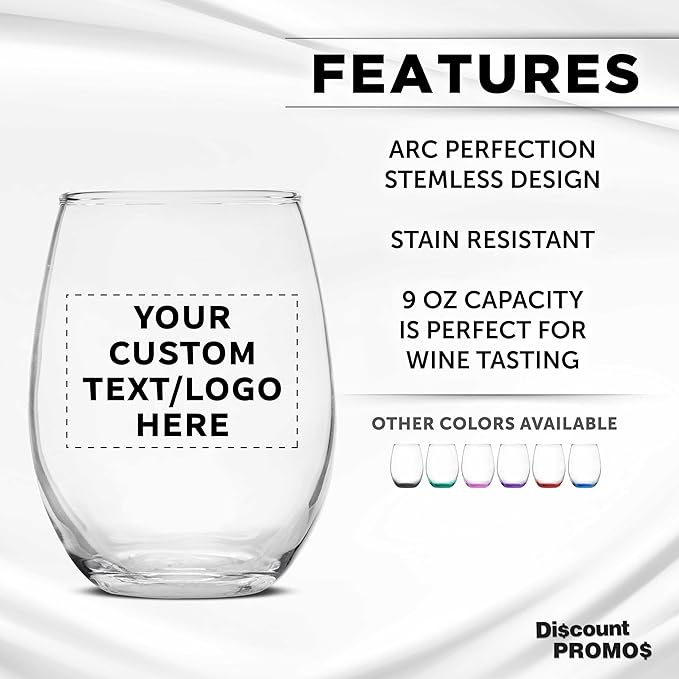 DISCOUNT PROMOS Custom Stemless Wine Glass 9 oz. Set of 10/50/100, Personalized Bulk Pack - Great for Wedding Favors, Bachelorette Party Decorations, Party Favors - Clear