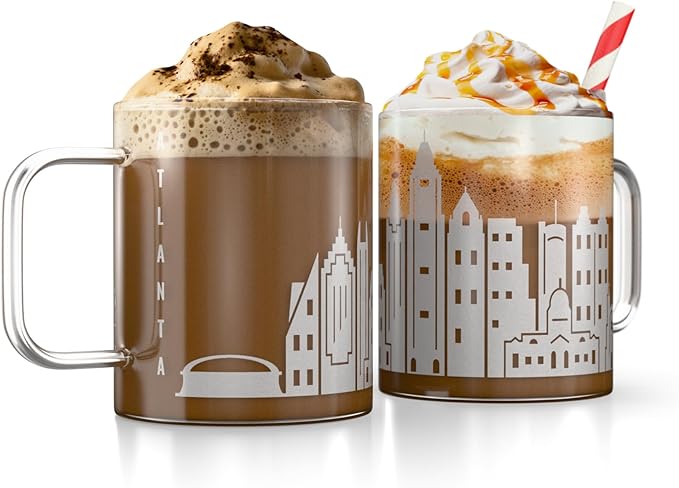 Greenline Goods – Atlanta, GA Skyline Glass Coffee Mugs (Set of 2), 15 oz – Etched Wrap Design