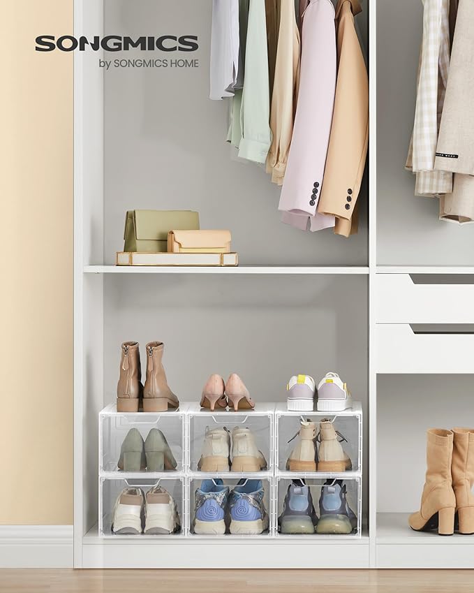 SONGMICS Shoe Boxes, Clear Shoe Organizers, Set of 6, Plastic Shoe Storage with Clear Door, Easy Assembly, up to US Size 13, Transparent White ULSP032W06
