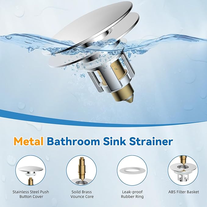 iFealClear 2 Pack Universal Bathroom Sink Stopper, Pop Up Sink Drain Strainer with Hair Catcher Basket, Fit 1.1"-2.36" US Basin, Wash Basin Drain Plug with Large Cover Cap, Brass Bounce Core, Chrome