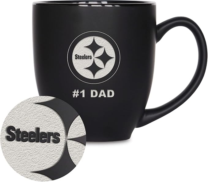 Rico Industries NFL Football #1 Dad 15oz Laser Engraved Matte Black Ceramic Bistro Mug - for Hot or Cold Drinks