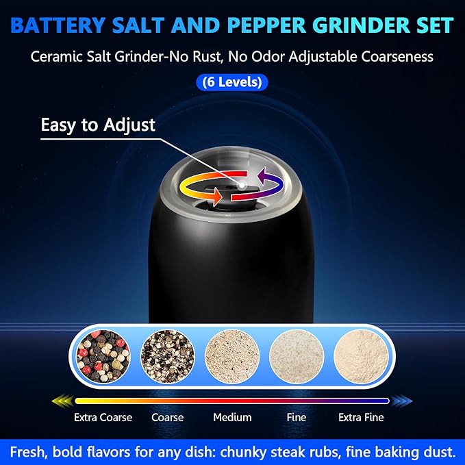 BoAn Gravity Electric Pepper Grinder, Battery Operated Salt and Pepper Grinder Set,Ceramic Larger Chamber Spice Mill Refillable,Adjustable Coarseness Salt Mill for Kitchen Housewarming Gifts New Home