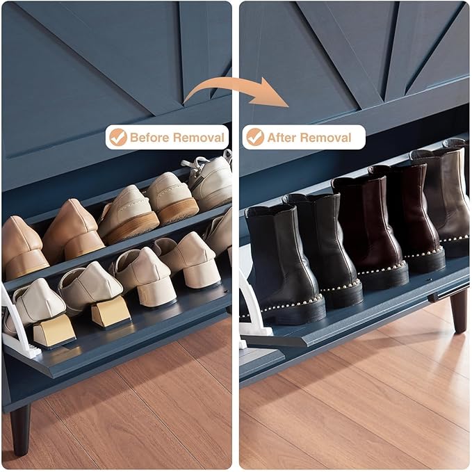 Shoe Storage Cabinet,Farmhouse Shoe Organizer with 2 Flip Drawers & Barn Door Design,Freestanding Hidden Slim Narrow Shoe Rack Cabinet with Open Storage for Entryway, Foyer,Hallway,Navy Blue