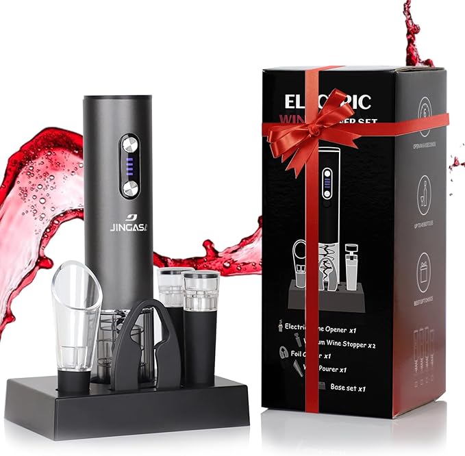 Electric Wine Opener Set With Base– Rechargeable Wine Bottle Opener Kit with Foil Cutter, 2 Vacuum Stoppers, and Wine Pourer – Best Wine Gift Set, Fancy Wine Opener for Wine Lovers and Parties