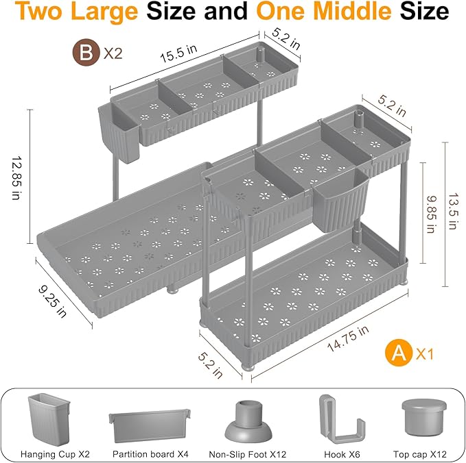 3 Pack Multi-Purpose Under Sink Organizers and Storage, 2025 L-Shaped Pull Out Cabinet Organizer for Bathroom & Kitchen, Under Cabinet Organizer with Hooks Hanging Cup, Grey