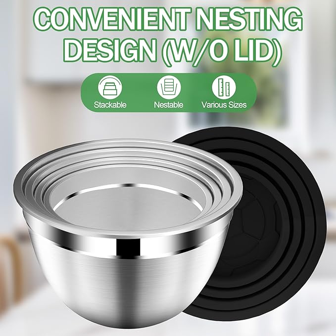 Mixing Bowls with Lids Set, Stainless Steel Mixing Bowls with Colander, Strainer with Mixing Bowl Set, Kitchen Gadgets Bowl Christams Gift, Size 4.5, 2.5, 2, 1.5QT - Black
