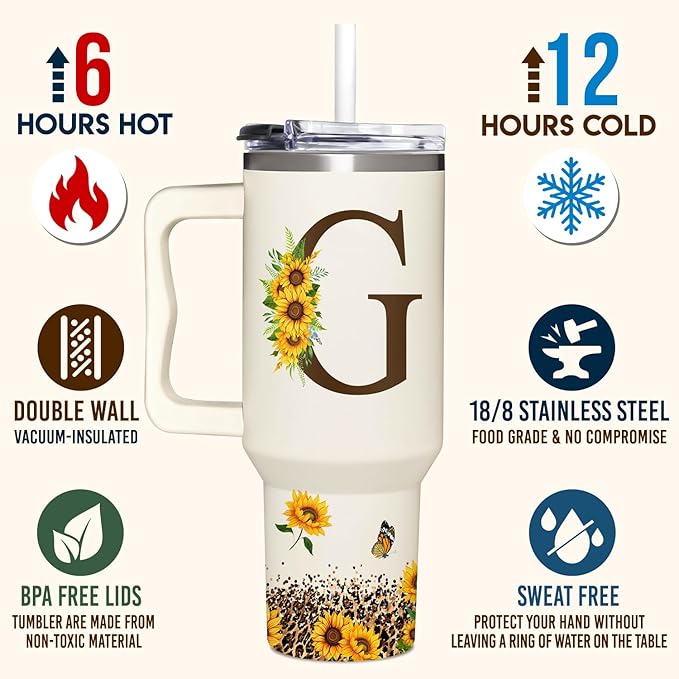 Personalized Birthday Gifts For Women - Sunflowers Monogrammed Cup For Boss Day, Christmas - Customized Gifts For Women, Mom, Wife, Coworkers, Boss Lady, Her - Custom Tumbler With Handle 40oz