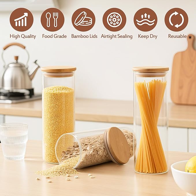 Glass Food Storage Containers for Pasta Spaghetti, 11in Tall Glass Jars with Airtight Bamboo Lids, Kitchen Storage Pantry Jars Organizers, For Cookies Flour Cereal Coffee Beans (Set of 3)