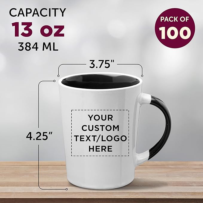 Custom Ceramic Latte Coffee Mugs by Albany 13 oz. Set of 100, Personalized Bulk Pack - Perfect for Coffee, Tea, Espresso, Hot Cocoa, Other Beverages - Black