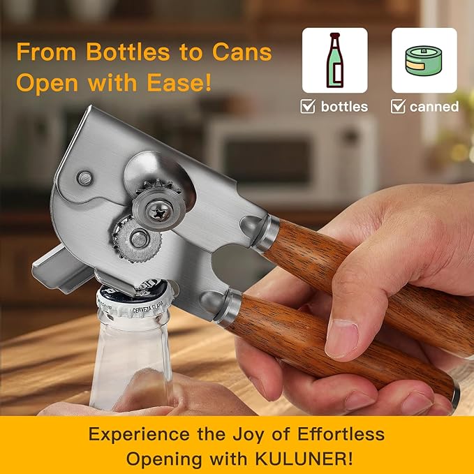 Upgraded Efficient Manual Can Opener - Selected Solid Wood Handle, Sharp and Smooth Blade Edge, Portable Design, Easy-Open Large Knob, Versatile for Various Bottle Caps(Boluoge)