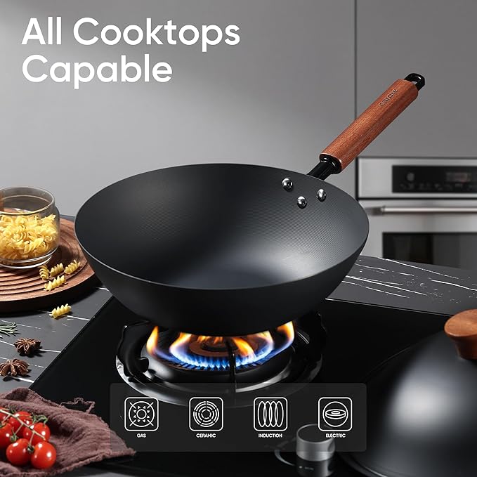 CAROTE 12" Carbon Steel Wok Pan, 4.5QT Woks & Stir-fry Pans, No Chemical Coated Pre-Seasoned Flat Bottom Wok with Lid for Stir Fry, BBQ, Grill & Camping, All Stovetop Compatible, Black