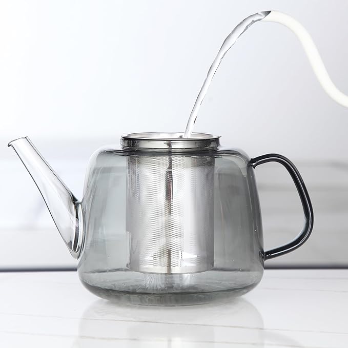 Easyworkz Borosilicate Glass Teapot 50oz with Large Stainless Steel Removable Loose Tea Infuser for Fruit Herbal and Infusion, Smoke Grey