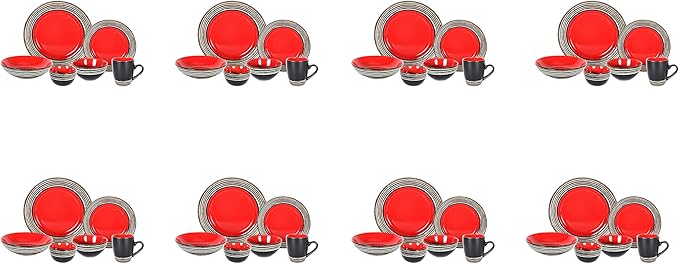 48 Piece Dinnerware Set, Ceramic Plates and Bowls Sets for 8, Microwave and Dishwasher Safe, Handcrafted Tree Bark Series Dish Set, Strawberry/Red