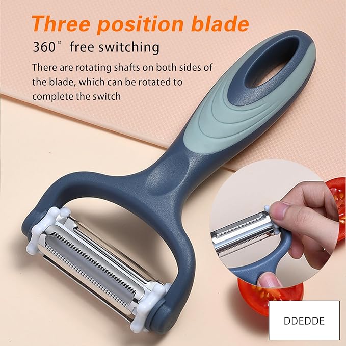 3-in-1 Rotary Vegetable Peeler with 3 Blades - Multi-Function Stainless Steel Peeler & Julienne Slicer - Ergonomic Non-Slip Grip Handle for Potato, Carrot, Fruit, Tomato, Kitchen Gadgets (Blue)