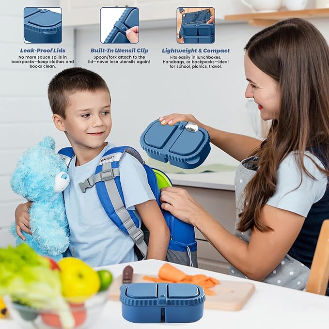 Silicone Snack Containers for Kids (8.5Oz, 2-Compartment)+ Kids Silicone Cutlery Set (Spoon and Fork) - BPA Free, Leak Proof, Great for Toddler/Kid/Adult Meal Prep Containers (blue)