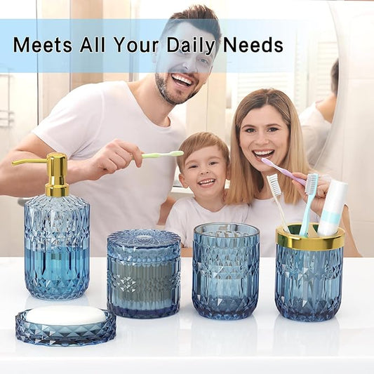 Blue Bathroom Accessories 5 Pcs, Glass Bathroom Accessory Set, Vintage Blue Bathroom Set, Soap Dispenser and Toothbrush Holder Set, Qtip Holder, Bathroom Sets Complete, Modern Bathroom Decor