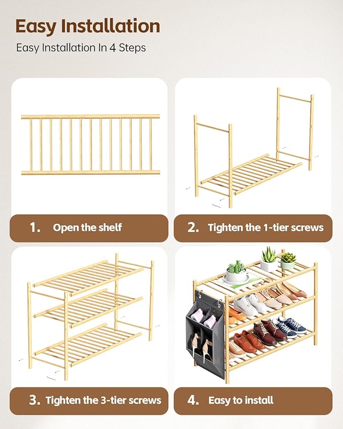 Bamboo Shoe Rack for Closet Small Wooden Shoe Organizer with Pouch, Sturdy Wood Shoe Shelf for Front Door Entrance Entryway and Outdoor, 26 inch Wide (Natural, 3-Tier)