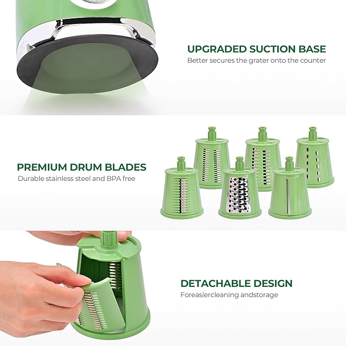SUSTEAS Rotary Cheese Grater with Handle,Vegetable Slicer with 6 Interchangeable Blades, Reinforced Suction,Easy to Clean,Kitchen Chopper for Crushed Ice,Fruits and Nuts with Blade Storage Case,Green