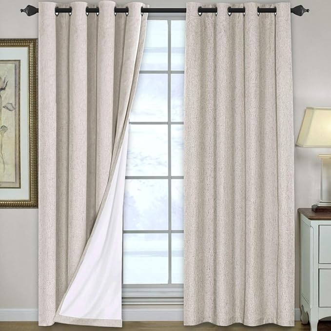H.VERSAILTEX 100% Blackout Curtains for Bedroom 84 Inches Long Grommet Linen Face Full Light Blocking Curtain Drapes for Living Room Thermal Linen Look Curtains 2 Panels Set, 52" W x 84" L, Natural