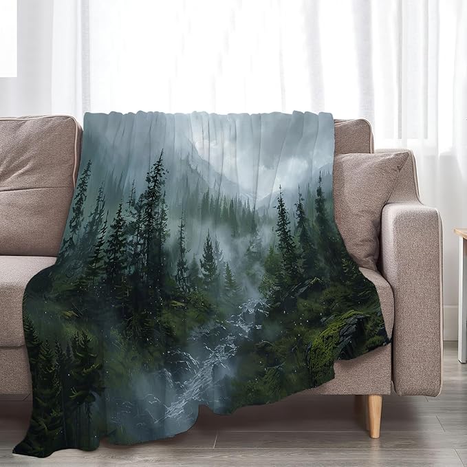 Forest Blanket Misty Mountain Tree Throw Blanket Cozy Plush Fleece Flannel Green Nature Blankets Landscape Party Gifts for Girls Boys Women Men 50"X40"