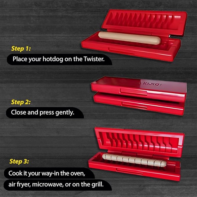 Hotdog Twister and Spiralizer + Bonus Skewers – Durable Food-Grade Plastic for Perfect Spiral Cuts – Great for Grilling by: Air Fryer, Oven & Microwave – Kitchen & Outdoor BBQ Tool