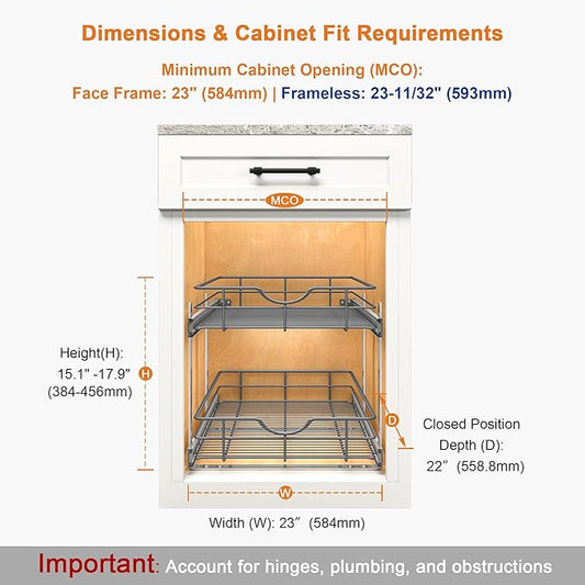 ALINE FURNITURE 2-Tier Pull Out Cabinet Organizer - 23" W x 22" D Soft Close Pullout Shelves with Shelf Liners - Slide Out Drawers for Kitchen Cabinets, Pantry, Bathroom, Heavy Duty Steel Wire Baskets