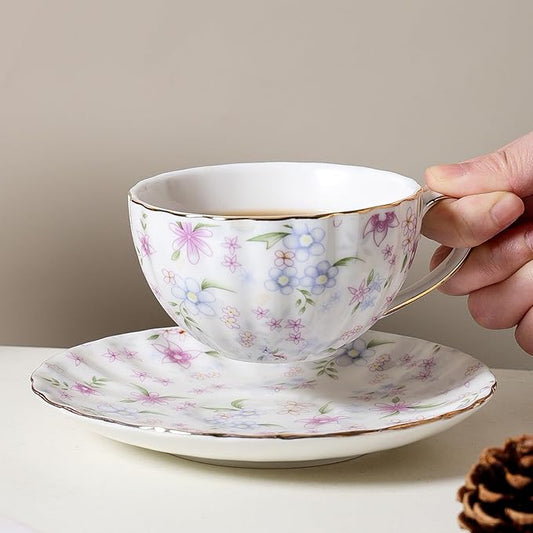 Bone China teacups,Vintage flower Pattern Espresso Teacups and Saucers,ceramic Coffee Mug Set & tea cups for women,about 7 oz(200 ml), Style01