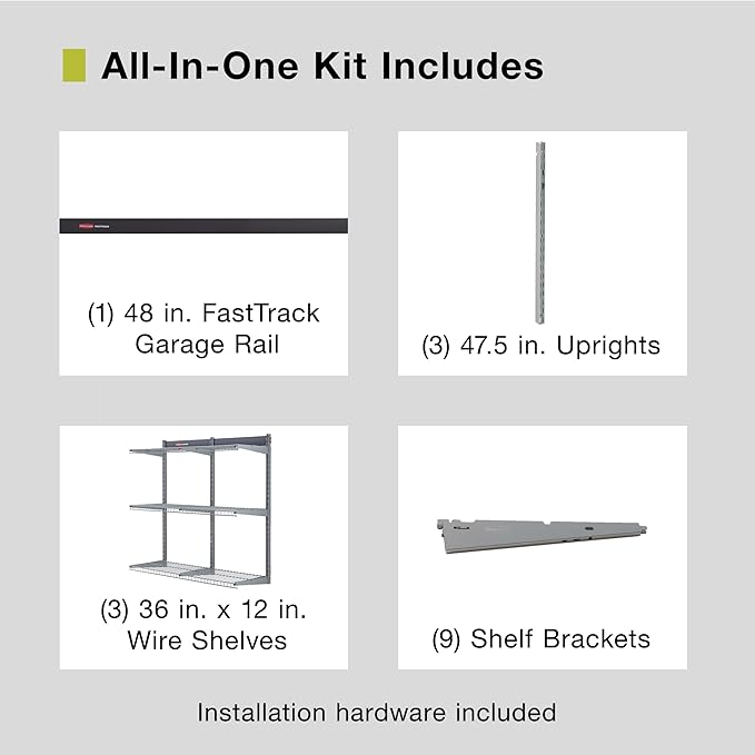 Rubbermaid Fasttrack Rail Storage 36"x12" 3-Shelf Kit, 350 lbs. Per Shelf, for Home/Garage/Shed/Workshop Organization