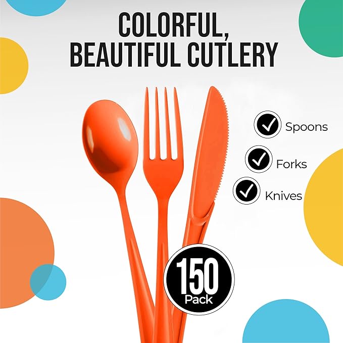 Party Solids Orange Plastic Silverware Heavy Duty 150 Pieces Orange Disposable Silverware Heavy Duty, Utensil Sets, 50 Of Each Forks, Knives & Spoons Disposable Cutlery Set For Party Supplies
