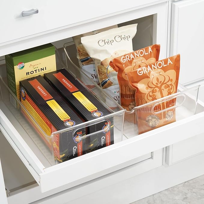 mDesign Slim Plastic Kitchen Pantry Cabinet, Fridge or Freezer Storage Bin with Handles - Organizer Containers for Fruit, Yogurt, Snacks, Pasta - 16" Long - Ligne Collection - 4 Pack - Clear