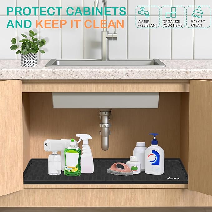 Waterproof Under Sink Mat 28" x 22", Silicone Cabinet Liner, Rubber Protector for Kitchen and Bathroom, Keeps Cabinets Clean, Dry, and Organized (Black)