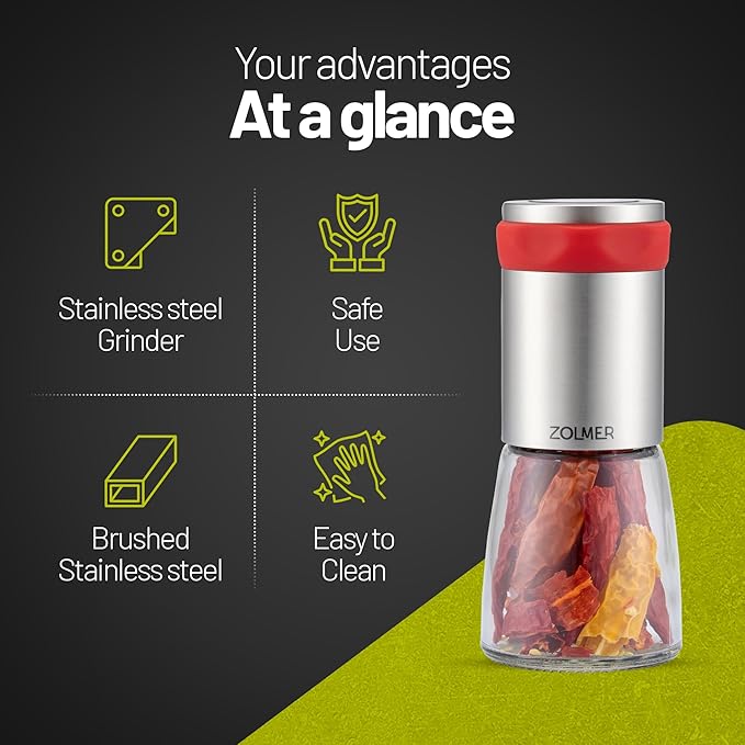 ZOLMER® Chili Pepper Grinder Stainless steel & glass | Hot pepper grinder cutting unit for coarse spices & chili with aroma protection lid