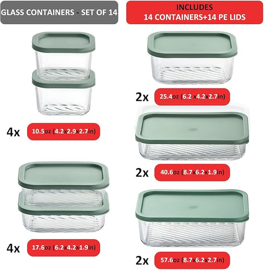 EATEX 14 Pack Glass Meal Prep Containers with Grooved Base, 14 Stackable BPA Free Glass Storage Containers with Lids for Lunch, Pantry, and Kitchen - Microwave, Dishwasher Freezer & Oven Safe - Sage
