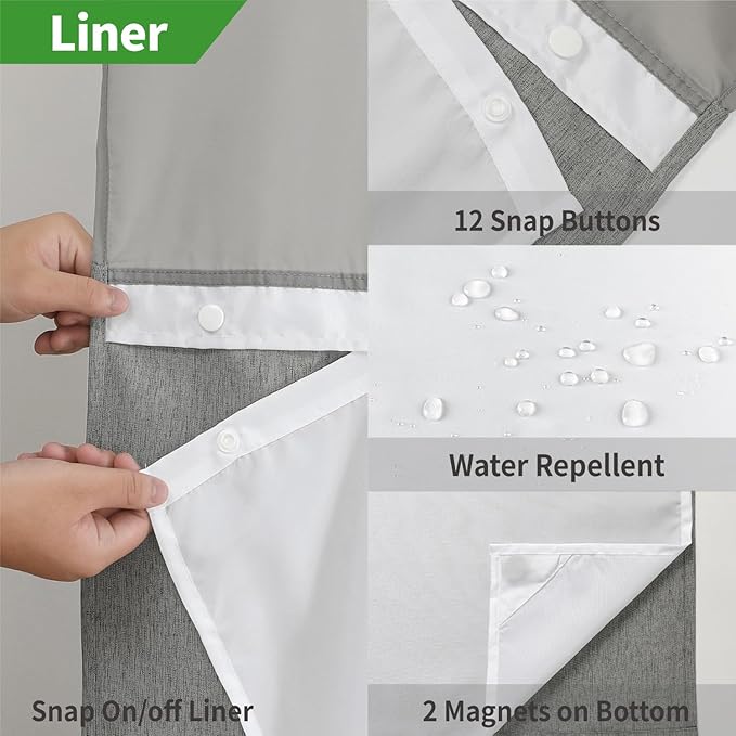 Long No Hooks Needed Linen Textured Shower Curtain with Snap-in Fabric Liner Set,Grey Hotel Luxury Decor Shower Curtains for Bathroom,Waterproof & Washable,71Wx80H