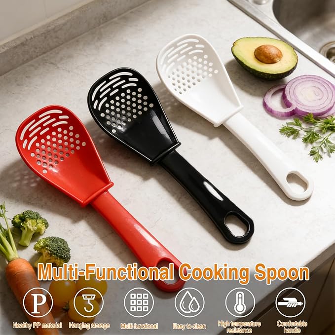 Multifunctional Kitchen Cooking Spoon, Upgraded Heat Resistant Kitchen Utensils Slotted Spoon, Food Grade Cooking Utensils for Cooking, Draining, Mashing, Grating, Separating (Black + Red + White)