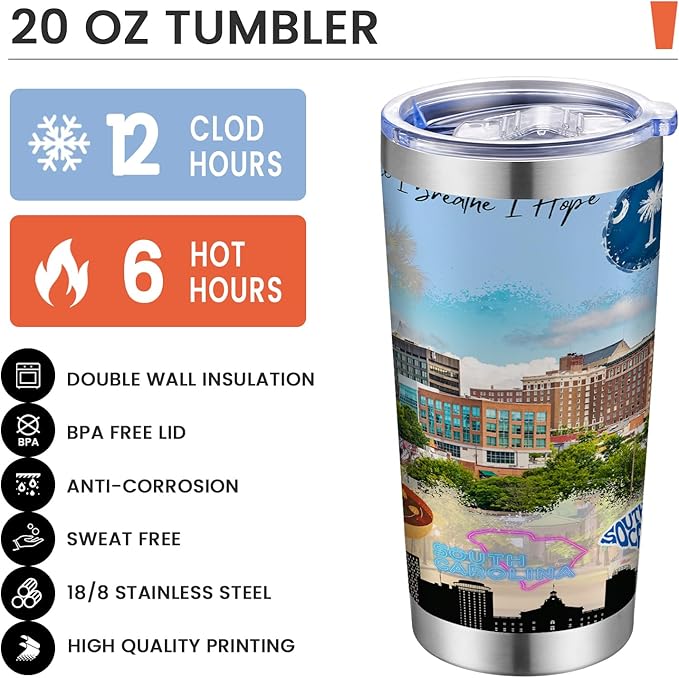 20oz Insulated Tumbler South Carolina State Coffee Mug, United States Map Travel Mug Landmark, Birthday Gifts Cute Custom Tumbler Cups with Lid and Straw Gifts for Mom