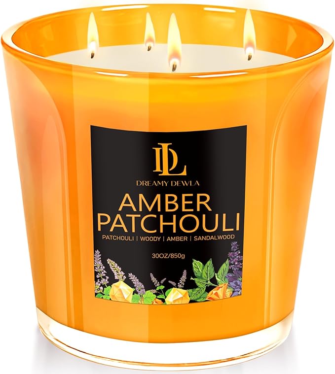 Amber Patchouli Scented Candle, Large 30oz Natural Soy Candles, 4-Wick 80 Hour Burn Time, Home Fragrance Candles Housewarming Gift for Women Men