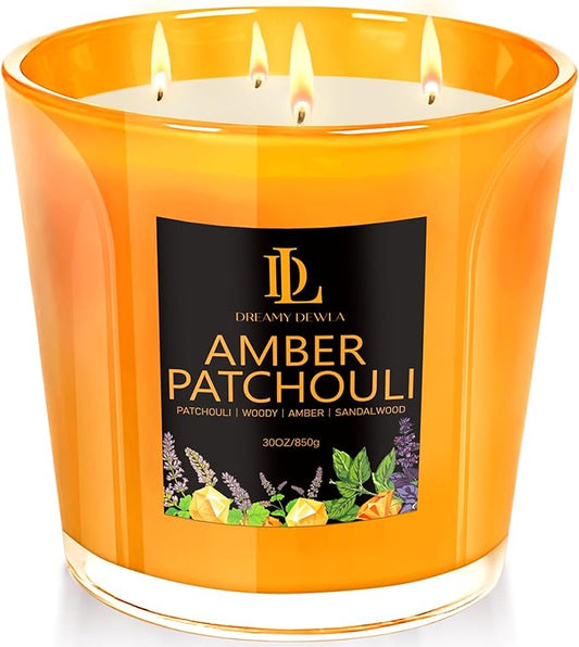 Amber Patchouli Scented Candle, Large 30oz Natural Soy Candles, 4-Wick 80 Hour Burn Time, Home Fragrance Candles Housewarming Gift for Women Men