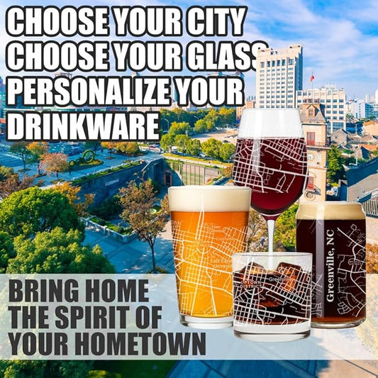 Blue Ridge Mountain Gifts - Greenville Souvenir - North Carolina Glassware Gift, Etched City Map, Laser Engraved and Dishwasher Safe