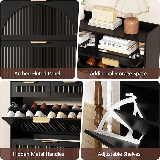 Fluted Shoe Cabinet Storage for Entryway – Narrow Shoe Rack with 2 Flip Drawers & 2 Storage Drawers, Freestanding Hidden Shoe Organizer for Foyer, Hallway (Black)