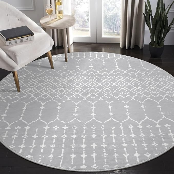 Lahome Moroccan Washable Round Rug - 4Ft Round Area Rugs for Bedroom Non-Slip Grey Stain Resistant Round Kitchen Rug, Modern Geometric Print Indoor Floor Circle Carpet for Entryway Living Room Sofa