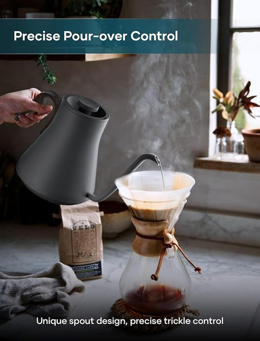 Gooseneck Electric Kettle with Precise ±1℉ Temperature Control, Wood-Accented Handle, Stainless Steel Interior, Quick Heating Pour Over Kettle for Coffee & Tea, 0.9L, Matte Grey