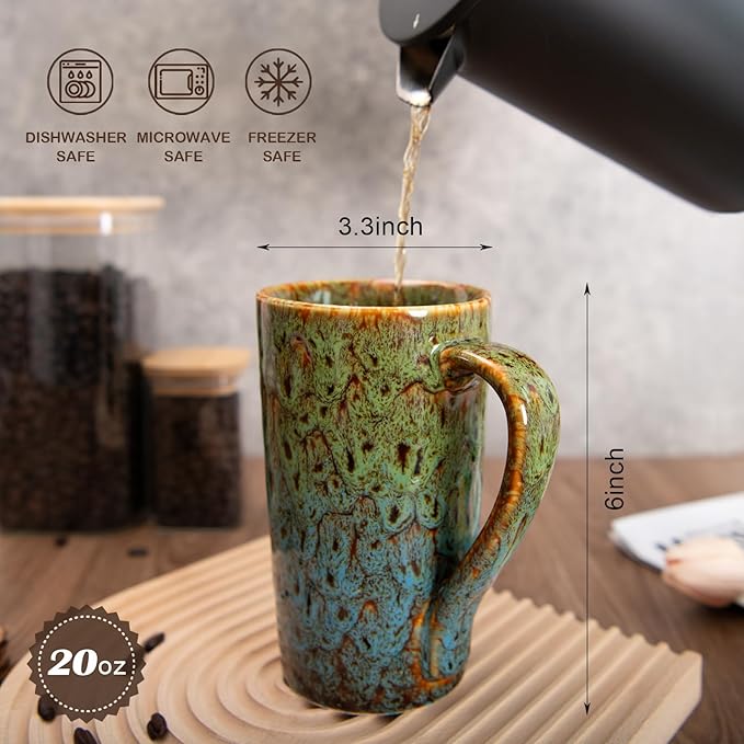 20oz Porcelain Coffee Mugs Set of 2, Large Tall Coffee Mugs with Handles, Modern Ceramic Coffee Cups for Coffee, Tea, Cocoa, Milk, Gifts for Women Men - Green & Blue