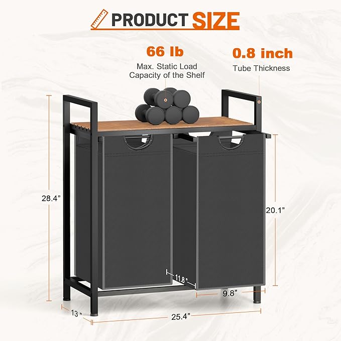 Laundry Hamper, Laundry Sorter with 2 Pull-Out Removable Oxford Fabric Bags Cloth Laundry Basket 2 x 10 Gallons (Grey and Rustic Brown)