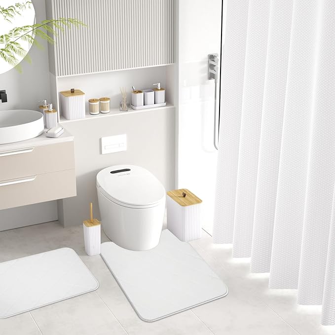 Bathroom Accessory Set - White Bathroom Set, 27PC Bathroom Accessories Set, Bathroom Sets with Shower Curtain and Rugs, Mini Trash Can, Toilet Brush, Trash Can & Soap Dispenser