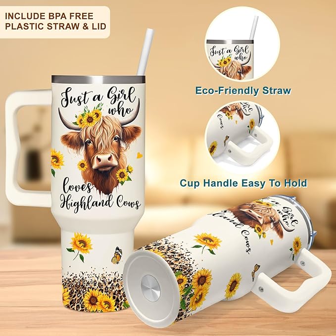 Highland Cow Gifts - Cow Gifts for Woman for Cowgirls - Birthday Gifts for Female Farmers for Cowgirl - Farming Gifts - Cowgirl 40Oz Tumbler with Handle & Straw