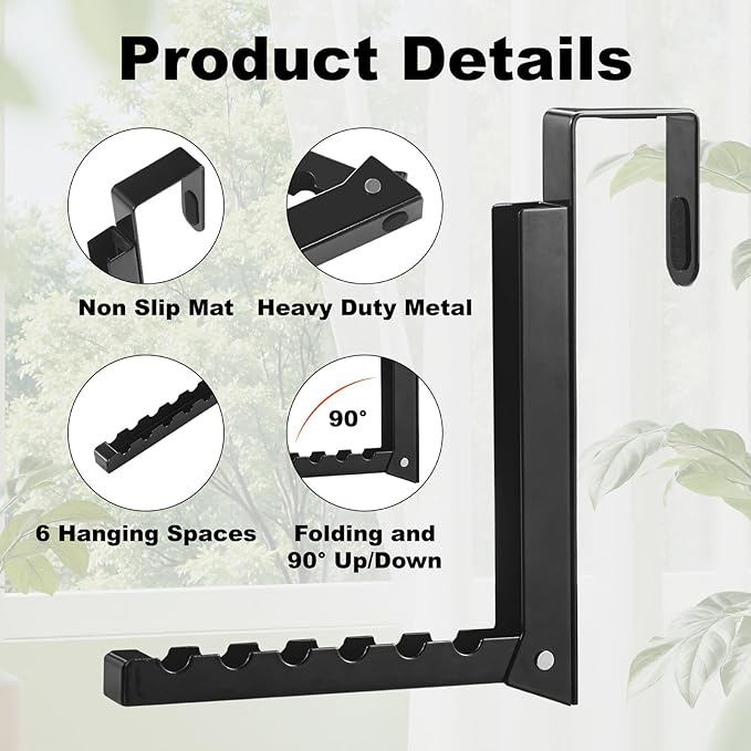 Over The Door Hooks Hanger for Clothes, 1 Pack Foldable Over The Door Drying Rack for Laundry, Overdoor Hanger Hook with 6 Groves for Towel, Coat, Black