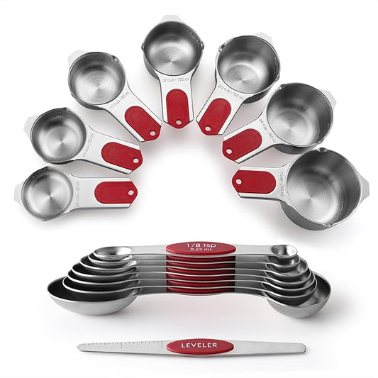 Spring Chef Magnetic Measuring Cups & Spoons Set, Patented, Strong N45 Magnets, Heavy Duty Stainless Steel Fits in Spice Jars for Baking & Cooking, BPA Free, Round Set of 15 with Leveler, Red