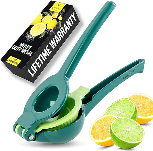 Zulay Kitchen Metal 2-in-1 Lemon Squeezer - Sturdy Max Extraction Hand Juicer Lemon Squeezer Gets Every Last Drop - Easy to Clean Manual Citrus Juicer - Easy-Use Lemon Juicer Squeezer - Green/Lime