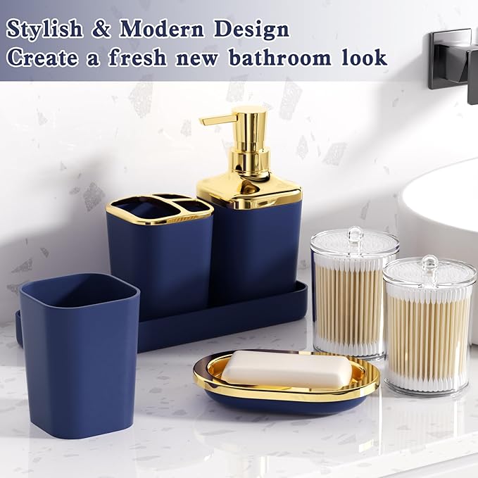Navy Blue Bathroom Accessories, 24 Pieces Blue and Gold Bathroom Accessories Set with Shower Curtain, Bath Towels, Trash Can, Soap Dispenser and Soap Dish for Bathroom/Housewarming